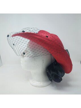 Vintage 80s Red Straw Hat Net Ponytail Hole Sonni